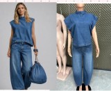 EVE Fashion Denim Sleeveless Vest+Wide Leg Pants Suit YRST-D022