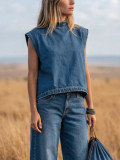 EVE Fashion Denim Sleeveless Vest+Wide Leg Pants Suit YRST-D022