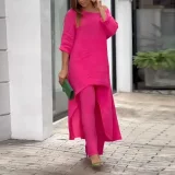 EVE Plus Size Solid Color Long Sleeve Irregular Two Piece Pants Set GYJY-W0839