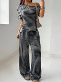 EVE Plus Size Stripe Slash Shoulder Top Wide Leg Pants Suit GAWE-6738