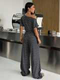 EVE Plus Size Stripe Slash Shoulder Top Wide Leg Pants Suit GAWE-6738