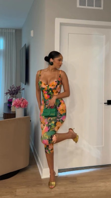 EVE Print Backless Sling Tops Two Piece Pants Set TE-4757