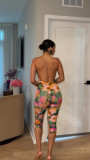 EVE Print Backless Sling Tops Two Piece Pants Set TE-4757
