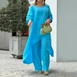 EVE Plus Size Solid Color Long Sleeve Irregular Two Piece Pants Set GYJY-W0839