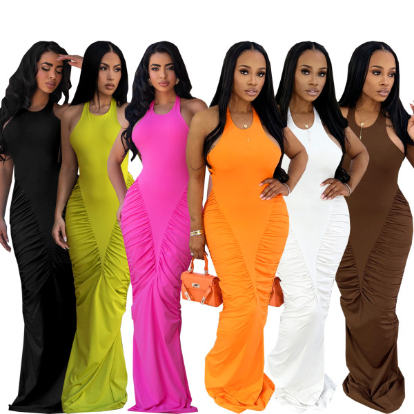 EVE Sleeveless Solid Color Ruched Maxi Dress BMF-862