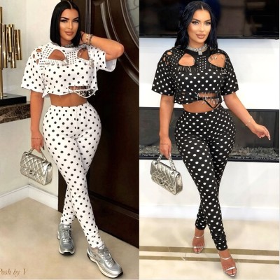EVE Polka Dot Print Holes Two Piece Pants Set YNSF-8032