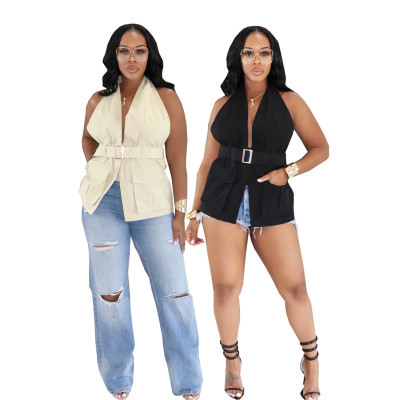 EVE Solid Color Halterneck Backless Tops BMF-848
