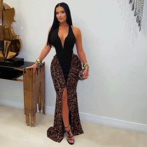 EVE Leopard Print Patchwork Backless Maxi Dress LSD-2709