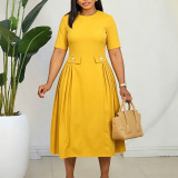 EVE Plus Size Solid Color Short Sleeve Midi Dress GCZF-8661