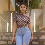 EVE Polka Dots Print Slash Neck Mesh Bodysuit MXBF-J26BS139