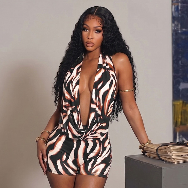 EVE Print Halterneck Backless Two Piece Shorts Set MXBF-J26ST168