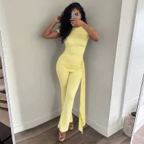 EVE Solid Color Short Sleeve Tops Two Piece Pants Set GZJQ-K6S07020A