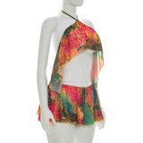 EVE Mesh Print Ruffles Backless Top Two Piece Shorts Set GDSF-D26ST092