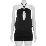 EVE Solid Color Halterneck Hollow Out Mini Dress GDSF-D26DS099