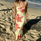 EVE Print Contrast Color Backless Sling Maxi Dress GPKJ-MR48657