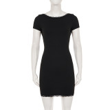 EVE Short Sleeve Solid Color Lace Patchwork Mini Dress GPKJ-MR49116