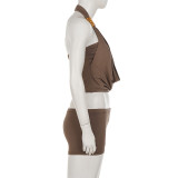 EVE Solid Color Halterneck Top Short 2 Piece Set GPKJ-MR48703