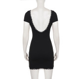 EVE Short Sleeve Solid Color Lace Patchwork Mini Dress GPKJ-MR49116