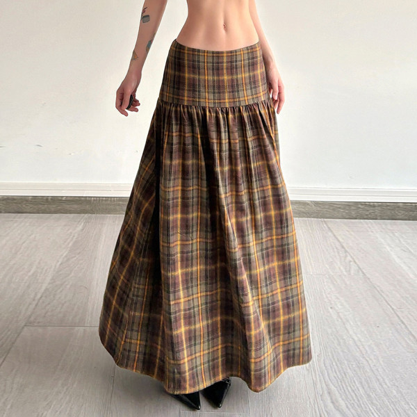 EVE Vintage Plaid Print Long Skirt GPKJ-MR46427