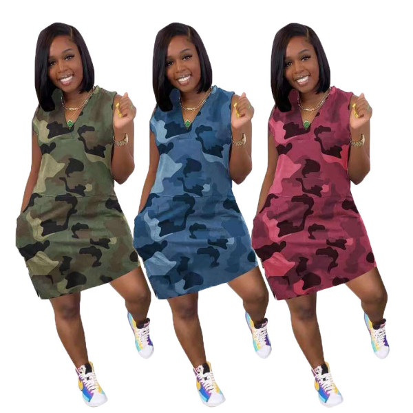 EVE Plus Size Sleeveless Camouflage Print Mini Dress SH-391576