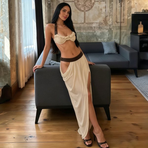 EVE Sexy Vest Irregular Long Skirt PU Patchwork Suit XEF-K6S04938A