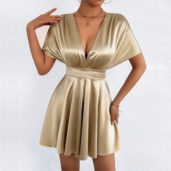 EVE V Neck Solid Color Mini Dress YMYF-9573