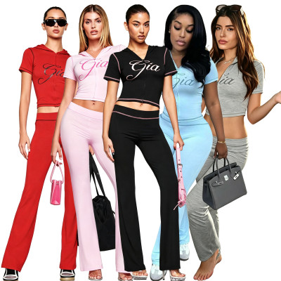 EVE Letter Print Short Sleeve Sport Two Piece Pants Set FOSF-8830