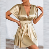 EVE V Neck Solid Color Mini Dress YMYF-9573