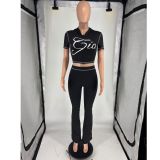 EVE Letter Print Short Sleeve Sport Two Piece Pants Set FOSF-8830