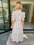 EVE V Neck Puff Sleeve Print Maxi Dress QYXZ-9183