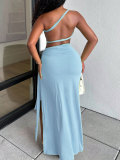 EVE Solid Color Single Shoulder Split Long Skrit 2 Piece Set HNIF-YY028