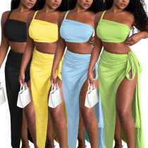 EVE Solid Color Single Shoulder Split Long Skrit 2 Piece Set HNIF-YY028