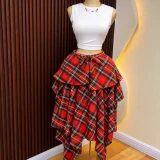 EVE Plaid Print Tie Up Irregular Long Skirts GCNE-75218