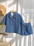 EVE Denim Long Sleeve Two Piece Shorts Set YMEF-59085