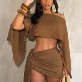 EVE Slash Shoulder Solid Top Two Piece Skirts Set HNIF-YM127