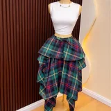 EVE Plaid Print Tie Up Irregular Long Skirts GCNE-75218