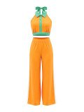 EVE Contrast Color Patchwork Backless Two Piece Pants Set HNIF-ZM025