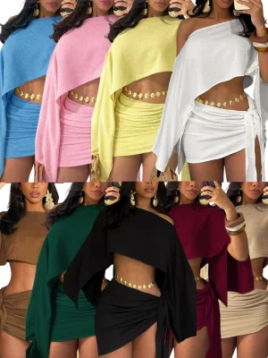 EVE Slash Shoulder Solid Top Two Piece Skirts Set HNIF-YM127
