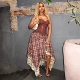 EVE Retro Plaid Print Irregular Long Skirt 2 Piece Set GCNE-75207