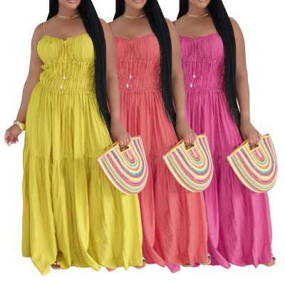 EVE Solid Color Ruched Sling Maxi Dress AIL-349