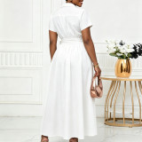 EVE Plus Size Lapel Short Sleeve Tie Up Midi Dress GCZF-8662