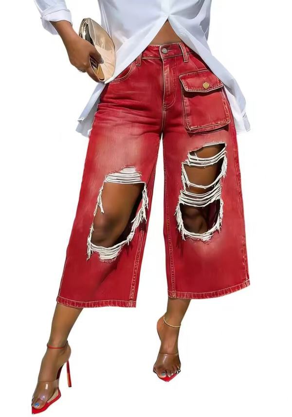 EVE Retro Gradient Holes Wide-leg Seventh Pants LSD-2834