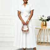 EVE Plus Size Lapel Short Sleeve Tie Up Midi Dress GCZF-8662