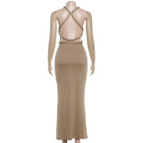 EVE Solid Color Hollow Out Backless Long Dress GZJQ-K6D07057A