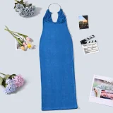 EVE Deep V Neck Halterneck Maxi Dress GYHF-32577DBY