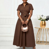 EVE Plus Size Lapel Short Sleeve Tie Up Midi Dress GCZF-8662