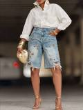 eve Casual Print Holes Denim Fifth Pants OD-8780
