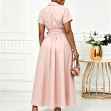 EVE Plus Size Lapel Short Sleeve Tie Up Midi Dress GCZF-8662