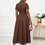EVE Plus Size Lapel Short Sleeve Tie Up Midi Dress GCZF-8662