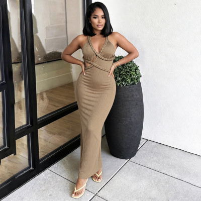 EVE Solid Color Hollow Out Backless Long Dress GZJQ-K6D07057A